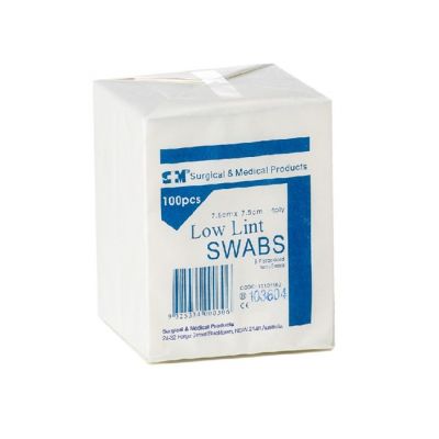 S M Gauze Sq Non-Woven 7.5 X 7.5cm Low Lint 4Ply 100/Pack